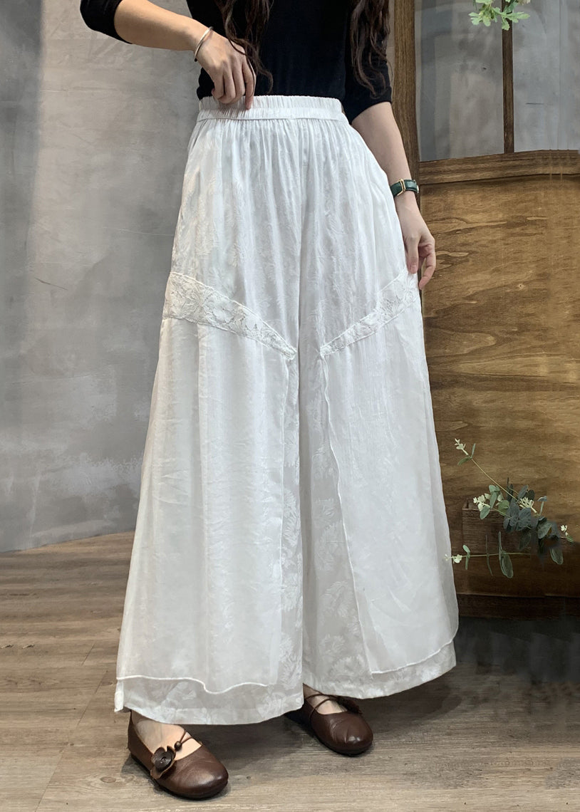 Black Pockets Elastic Waist Silk Linen Wide Leg Pants Spring