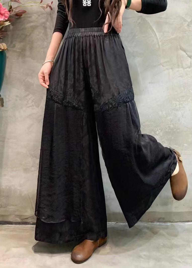Black Pockets Elastic Waist Silk Linen Wide Leg Pants Spring