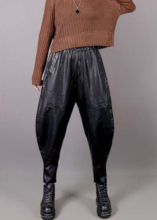 Black Pockets Faux Leather Harem Pants Winter