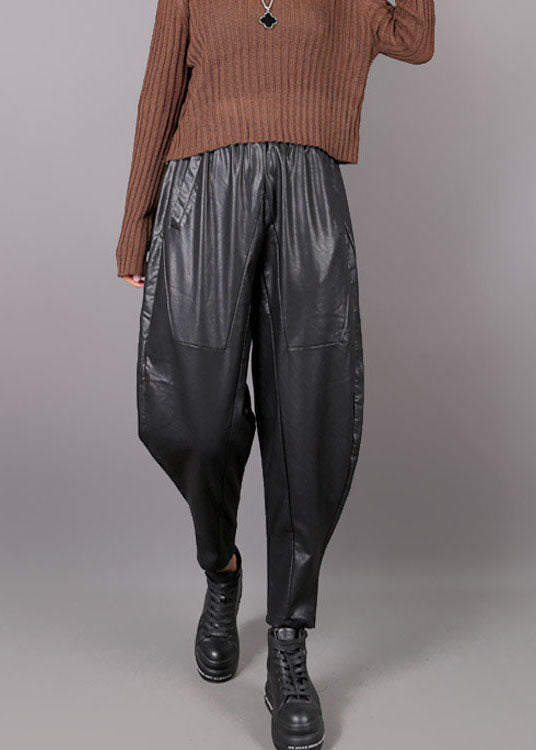 Black Pockets Faux Leather Harem Pants Winter