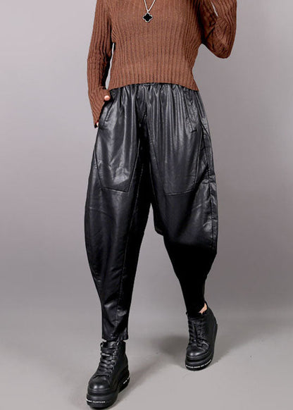 Black Pockets Faux Leather Harem Pants Winter