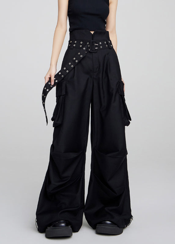 Black Pockets High Waist Patchwork Cotton Pants Fall