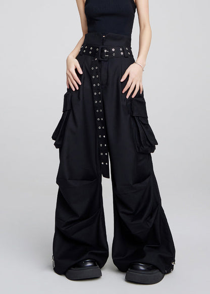 Black Pockets High Waist Patchwork Cotton Pants Fall