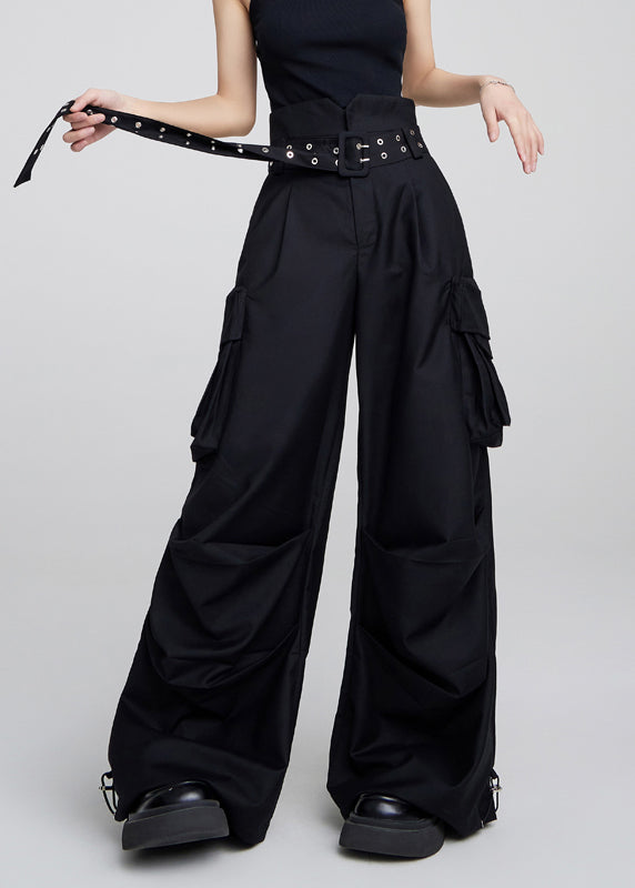 Black Pockets High Waist Patchwork Cotton Pants Fall