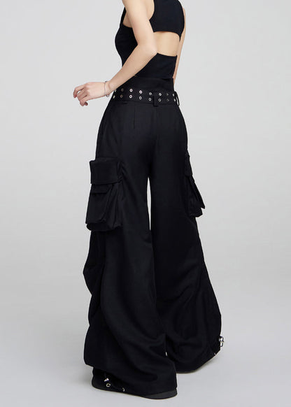 Black Pockets High Waist Patchwork Cotton Pants Fall