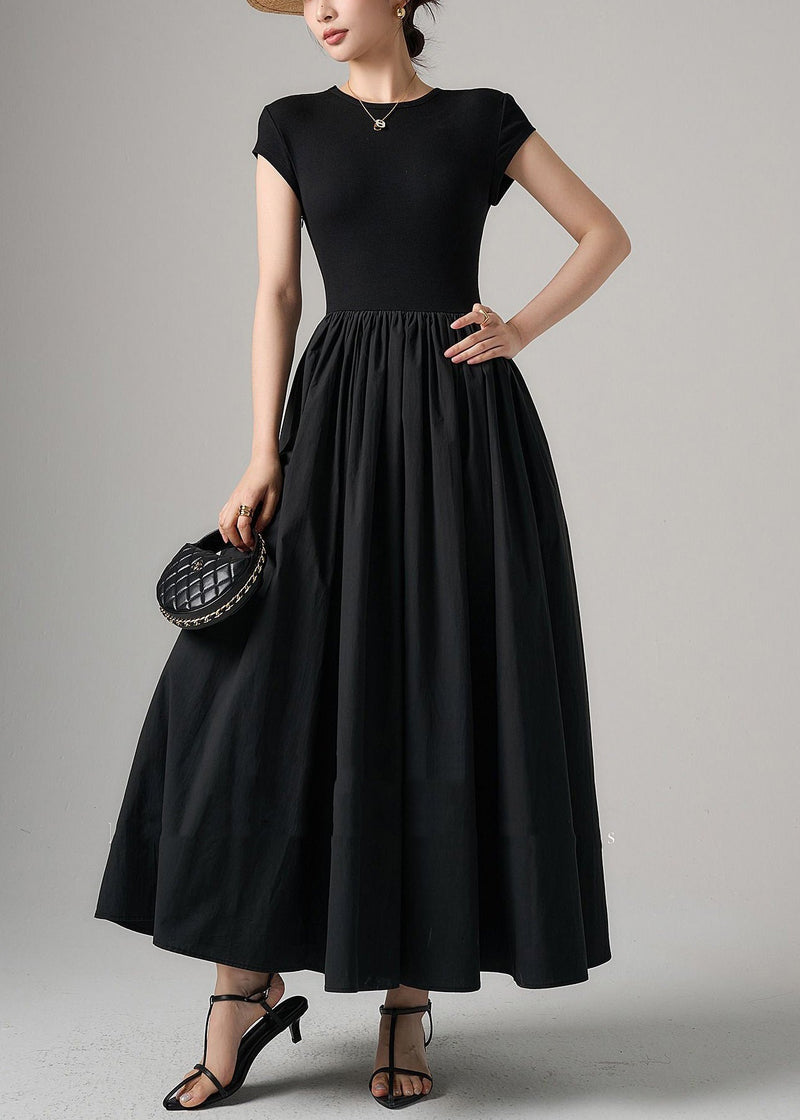 Black Pockets Knit Patchwork Cotton Long Dress Summer