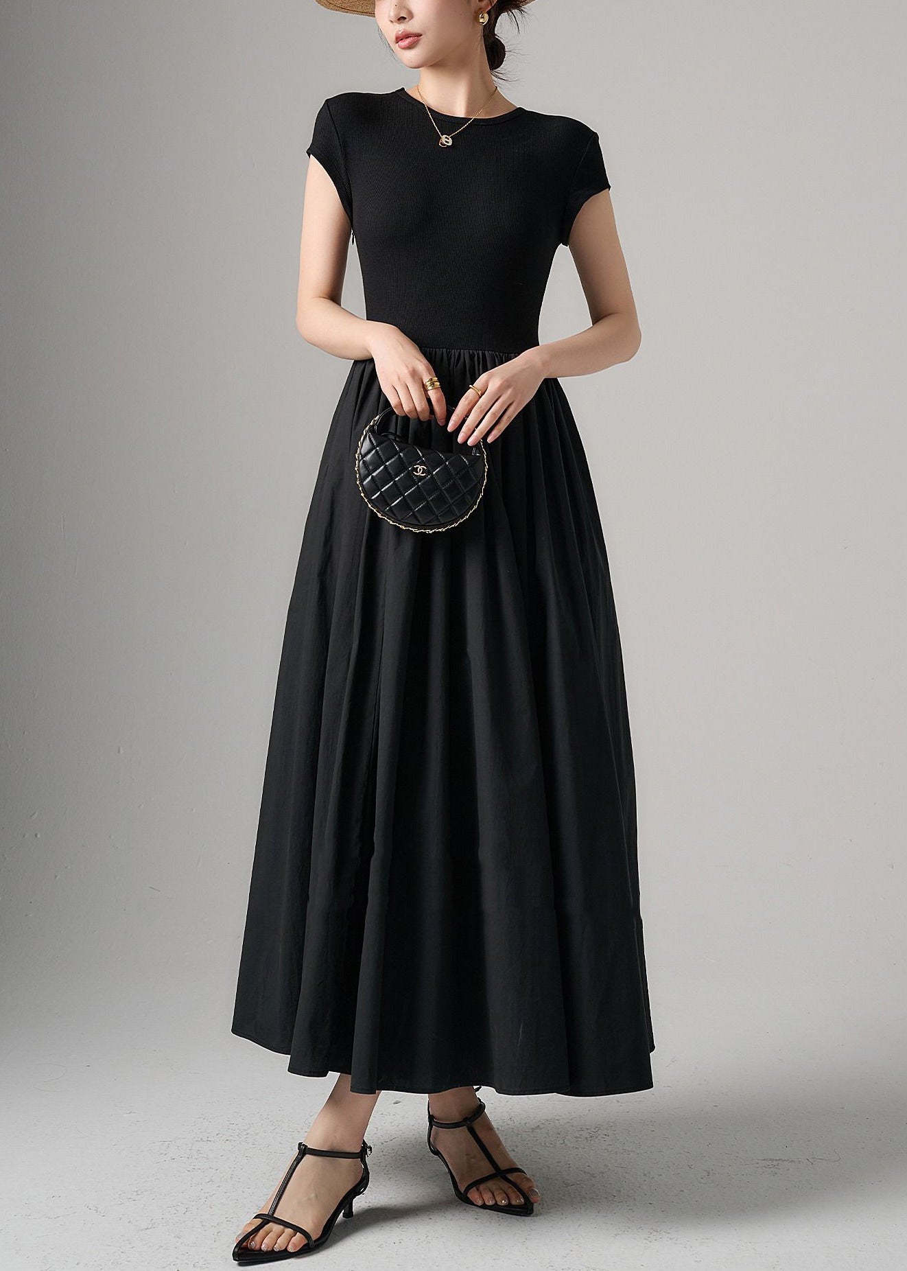Black Pockets Knit Patchwork Cotton Long Dress Summer