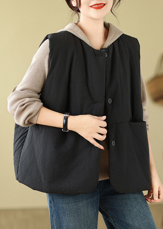 Black Pockets Patchwork Button Hooded Jacket Waistcoat Winter