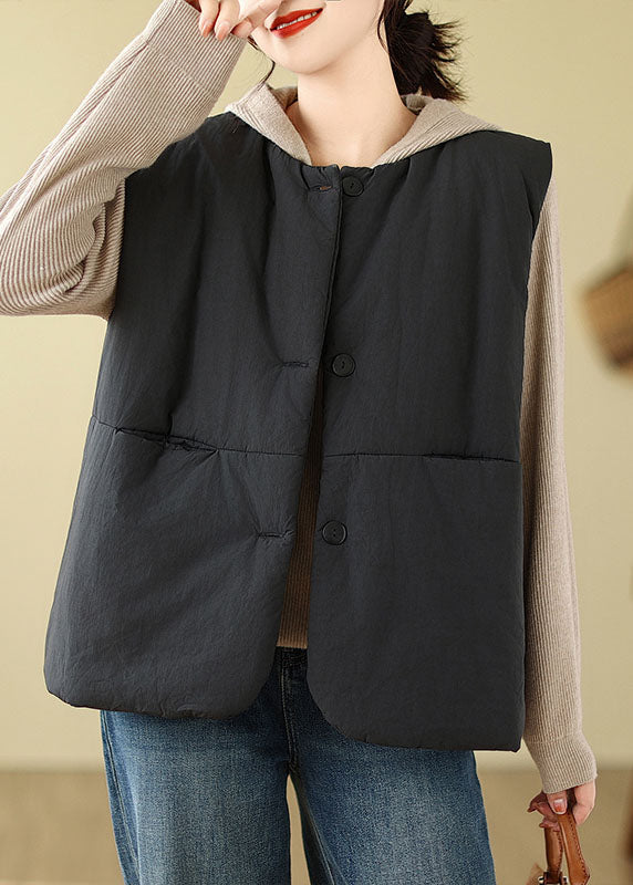 Black Pockets Patchwork Button Hooded Jacket Waistcoat Winter