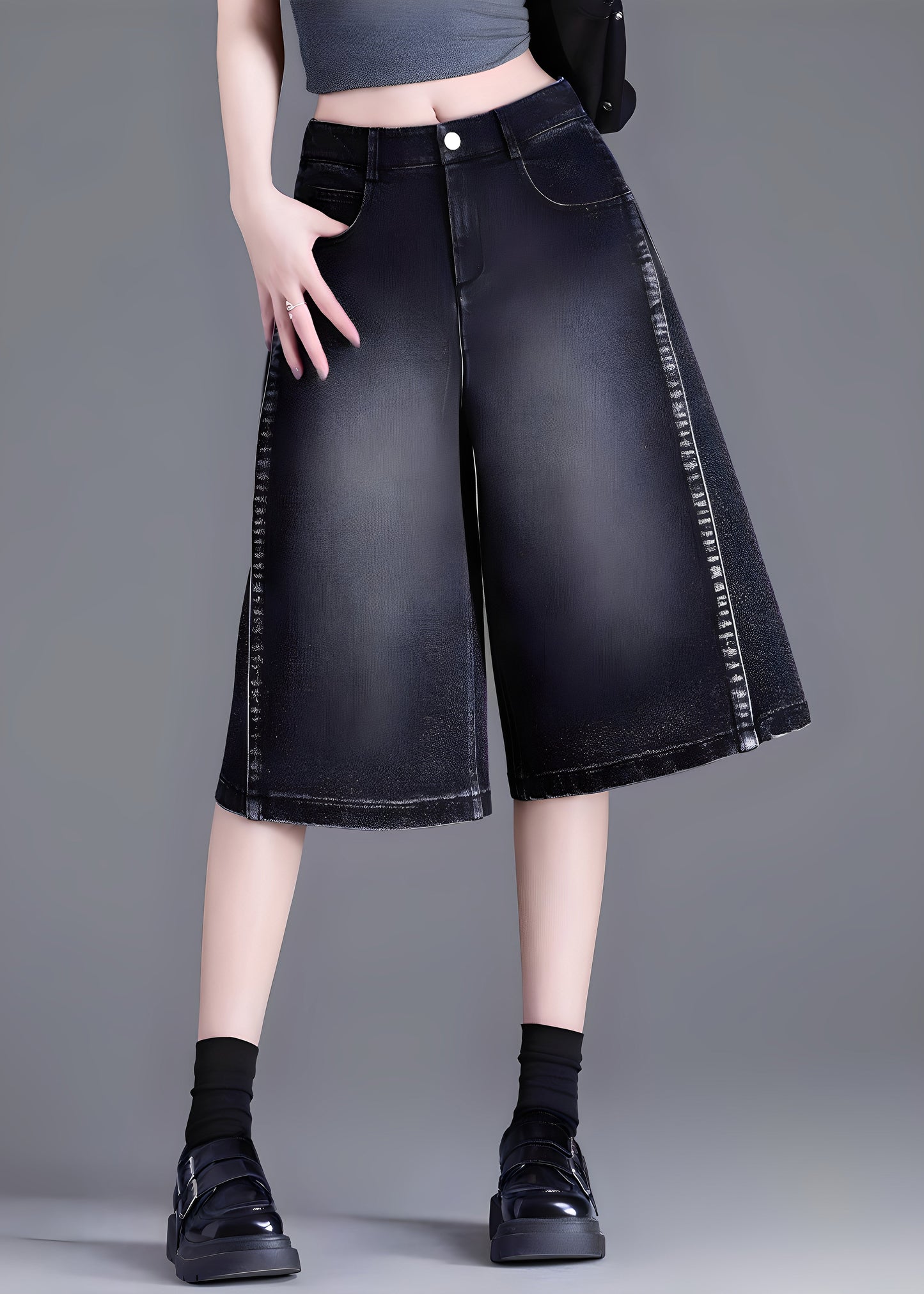 Black Pockets Patchwork Denim Crop Pants Summer