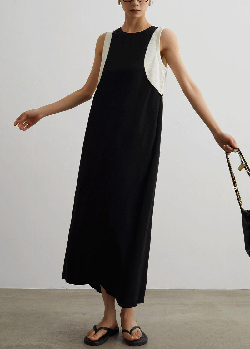 Black Pockets Patchwork False Two Pieces Cotton Long Dresses Sleeveless