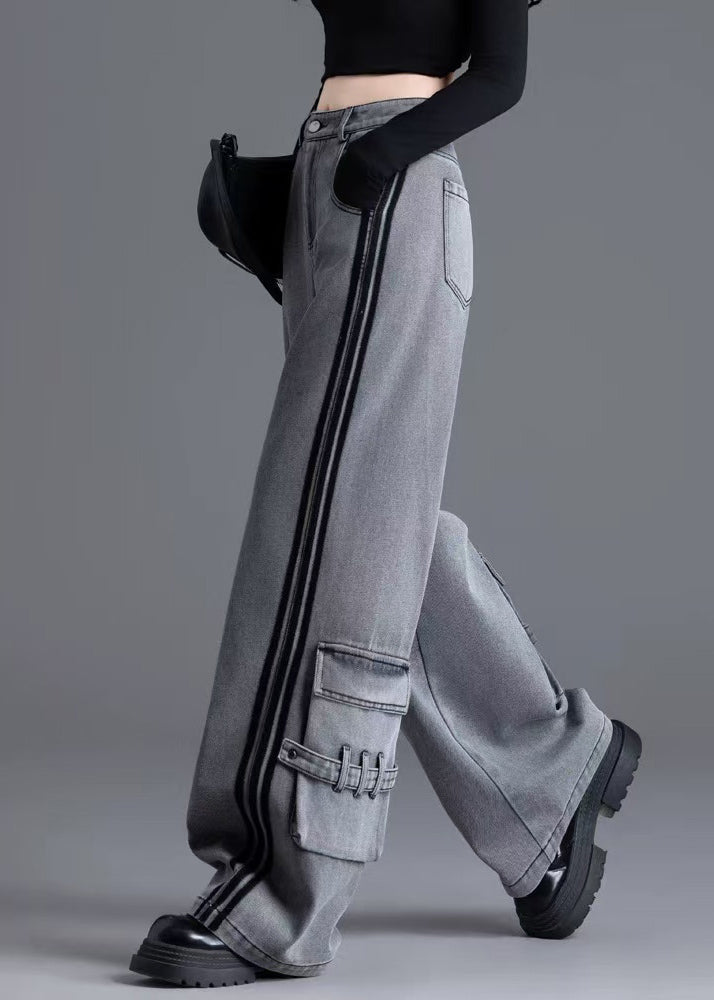 Black Pockets Patchwork High Waist Denim Pants Spring
