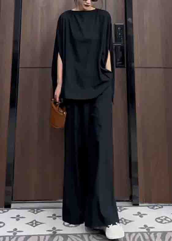 Black Pockets Patchwork Tops and Pantstwo Piece Suit Summer