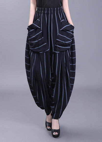 Black Pockets Striped High Waist Cotton Harem Pants Fall
