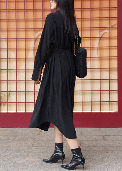Black Pockets Tie Waist Cotton Shirt Dress Long Sleeve