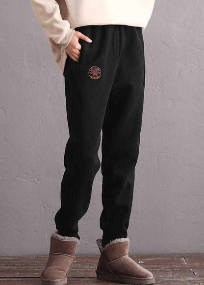 Black Pockets Thick Warm Fleece Pants Winter