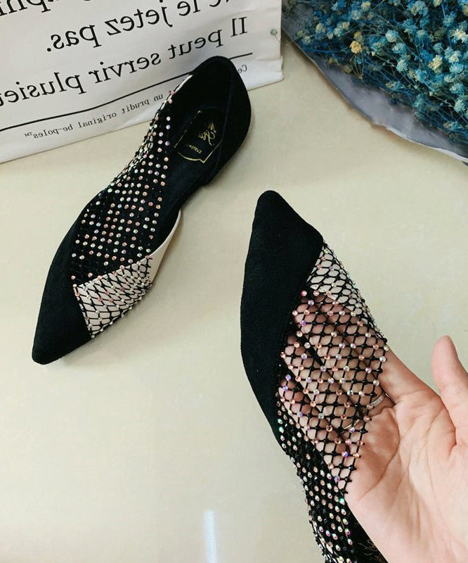 Black Pointed Toe Tulle Zircon Flat Shoes for