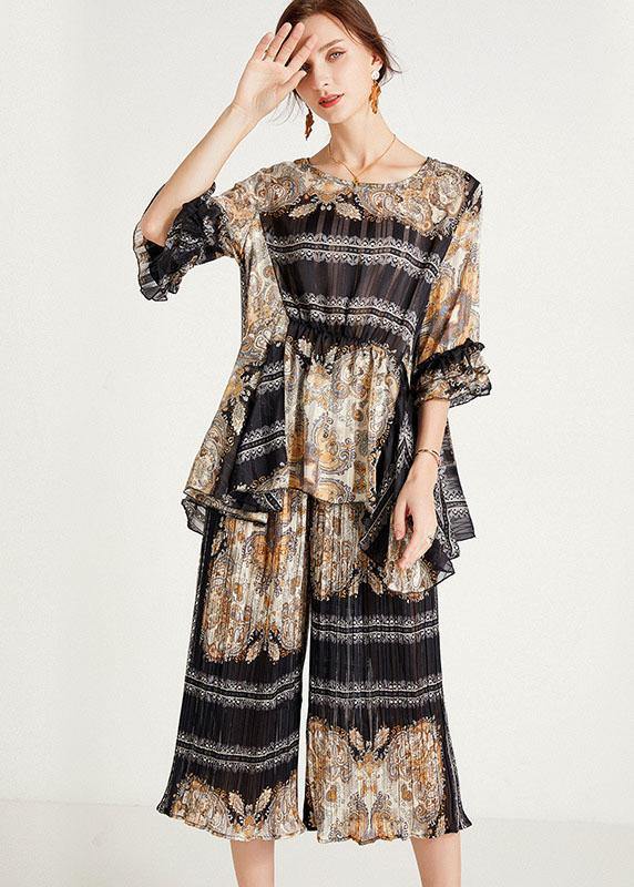 Black Print Apricot O-neck Top Wide Leg Summer Two Pieces Set