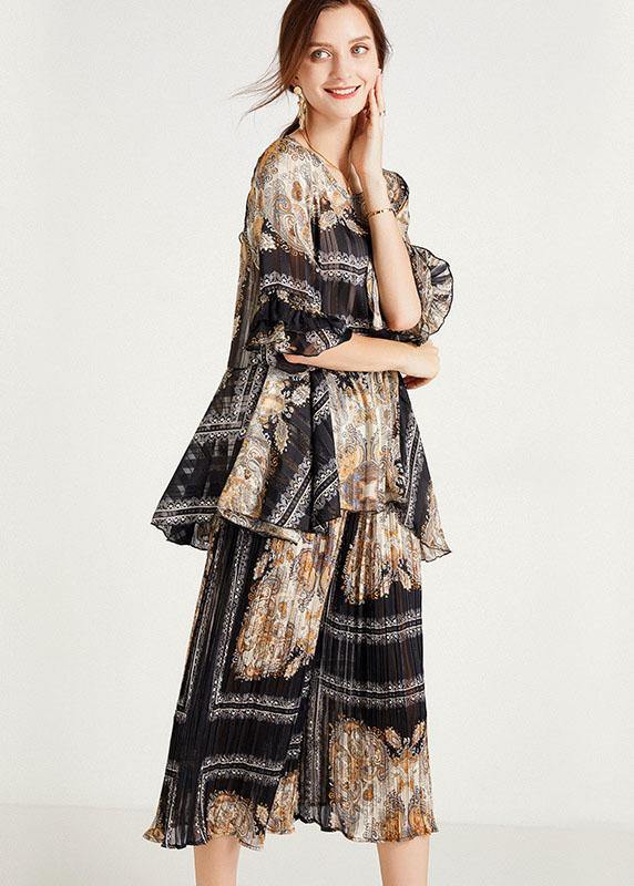 Black Print Apricot O-neck Top Wide Leg Summer Two Pieces Set