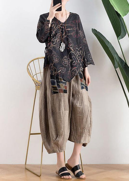 Women Black Print Asymmetrical DesignLinen Summer Tops