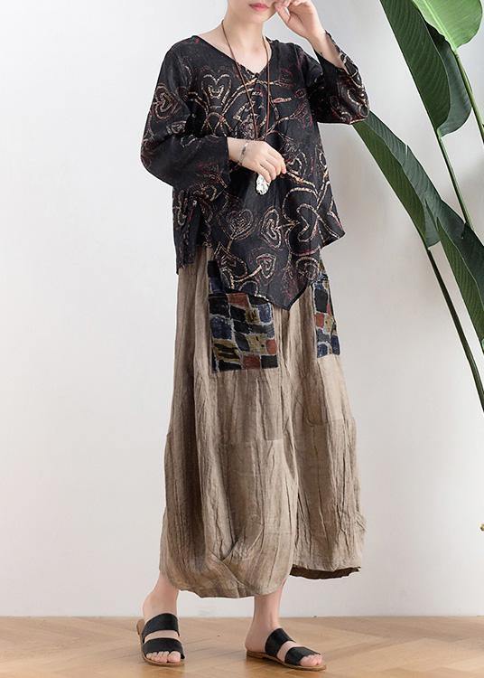 Women Black Print Asymmetrical DesignLinen Summer Tops
