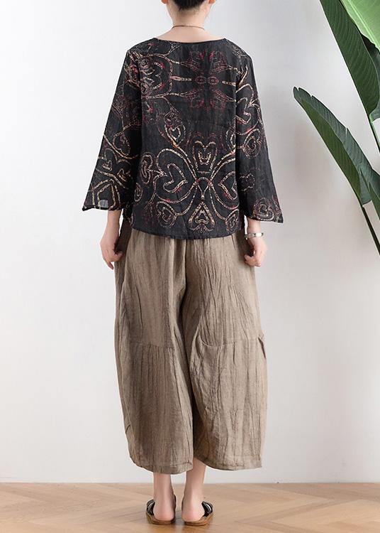 Women Black Print Asymmetrical DesignLinen Summer Tops
