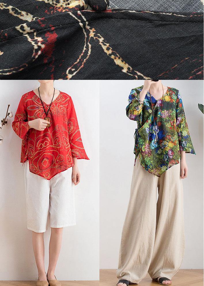 Women Black Print Asymmetrical DesignLinen Summer Tops