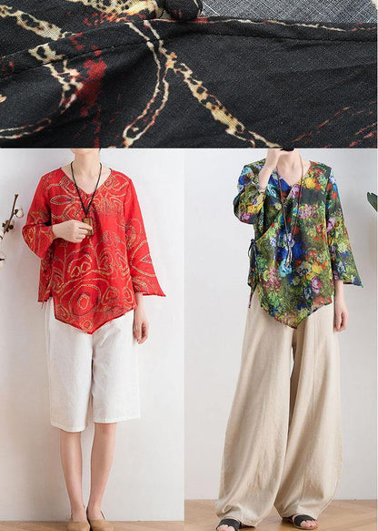 Women Black Print Asymmetrical DesignLinen Summer Tops