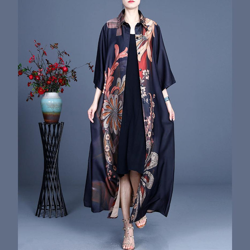 Black Print Button Silk Cardigan Long