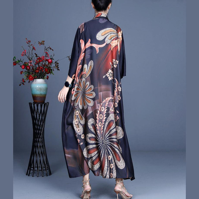 Black Print Button Silk Cardigan Long