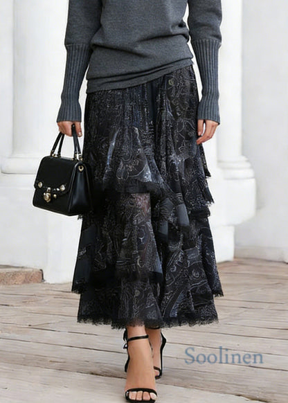Black Print Elastic Waist Lace a Line Skirts