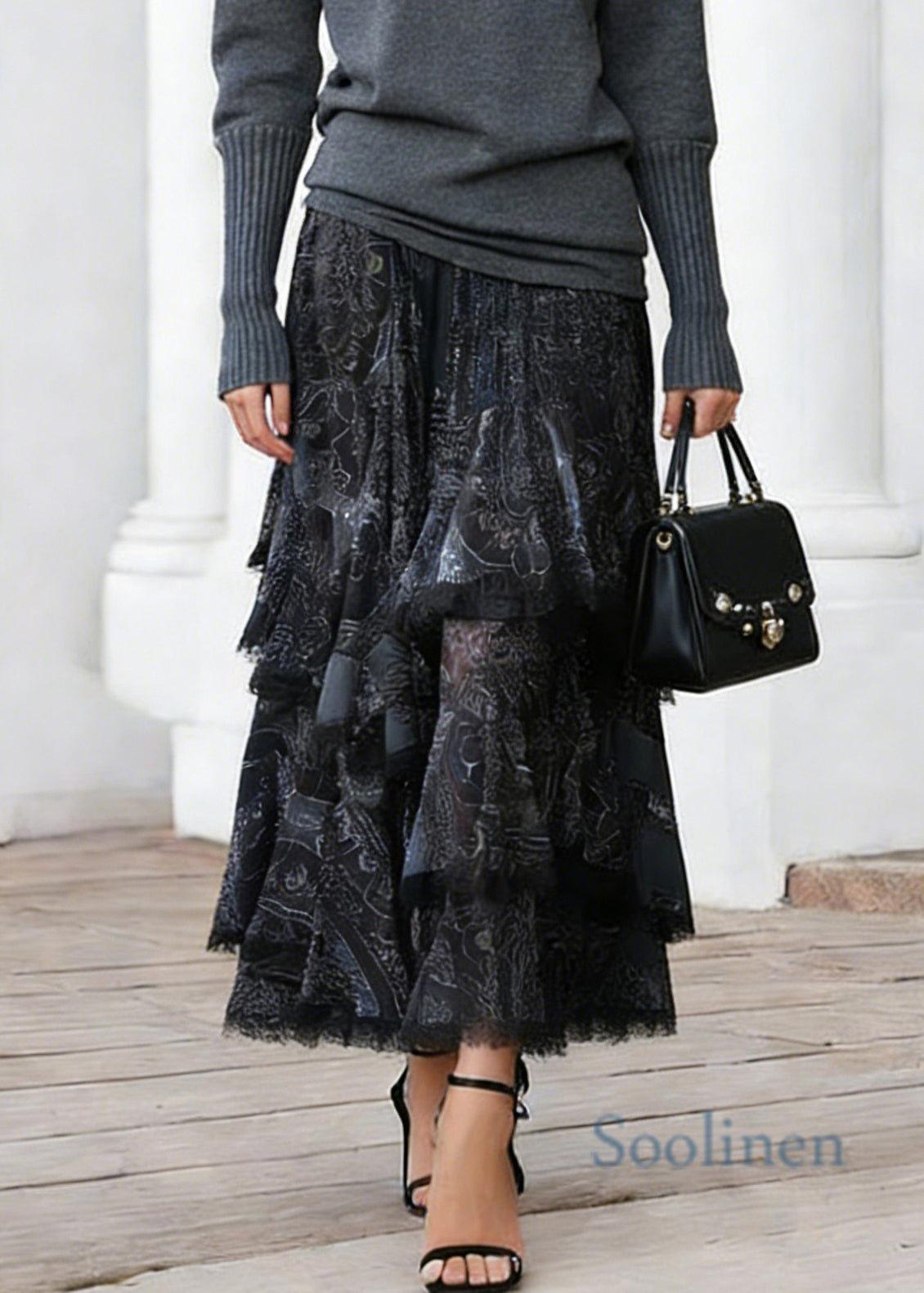 Black Print Elastic Waist Lace a Line Skirts