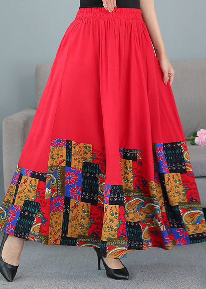 Black Print Elastic Waist Patchwork Cotton Skirts Fall
