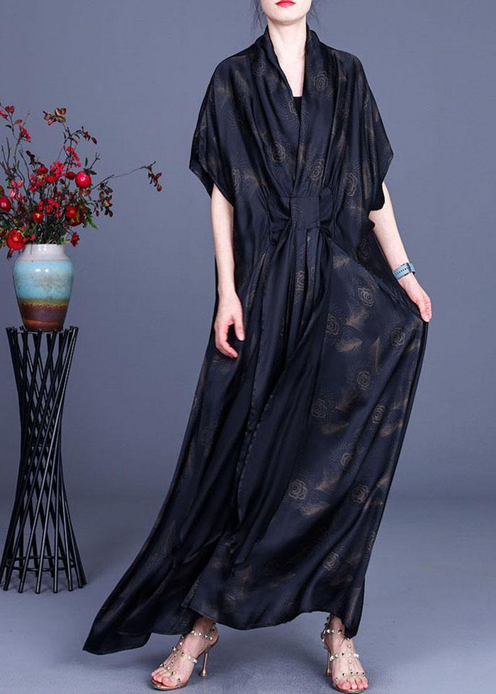 Black Print Feather Chiffon Dress Summer