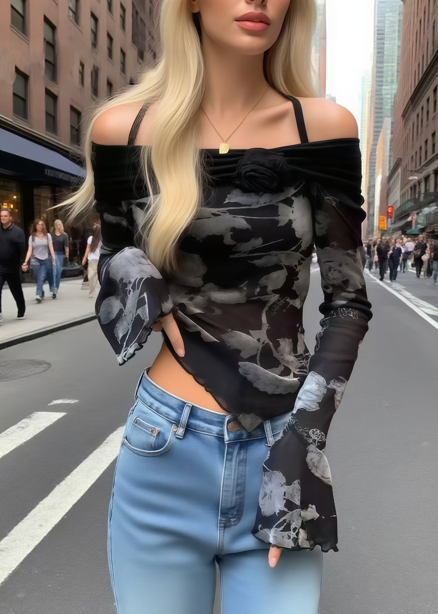 Women Black Print Flower Decorated Cold Shoulder Tops Summer