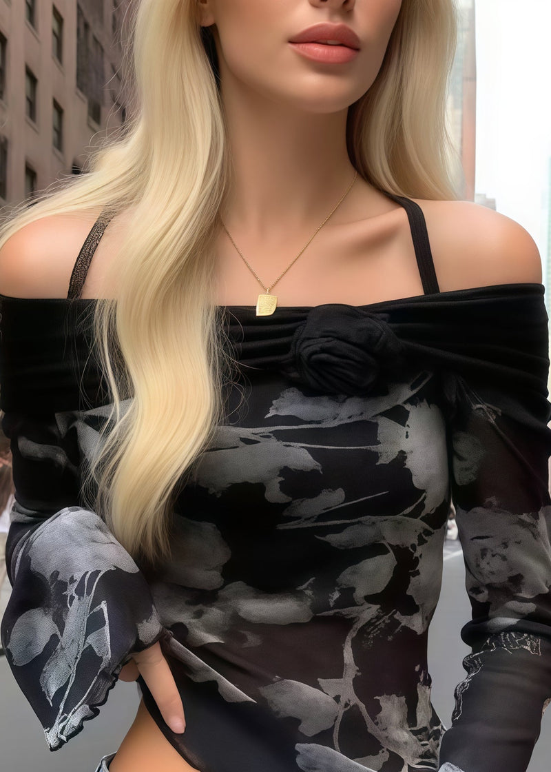 Black Print Flower Decorated Cold Shoulder Tops Summer