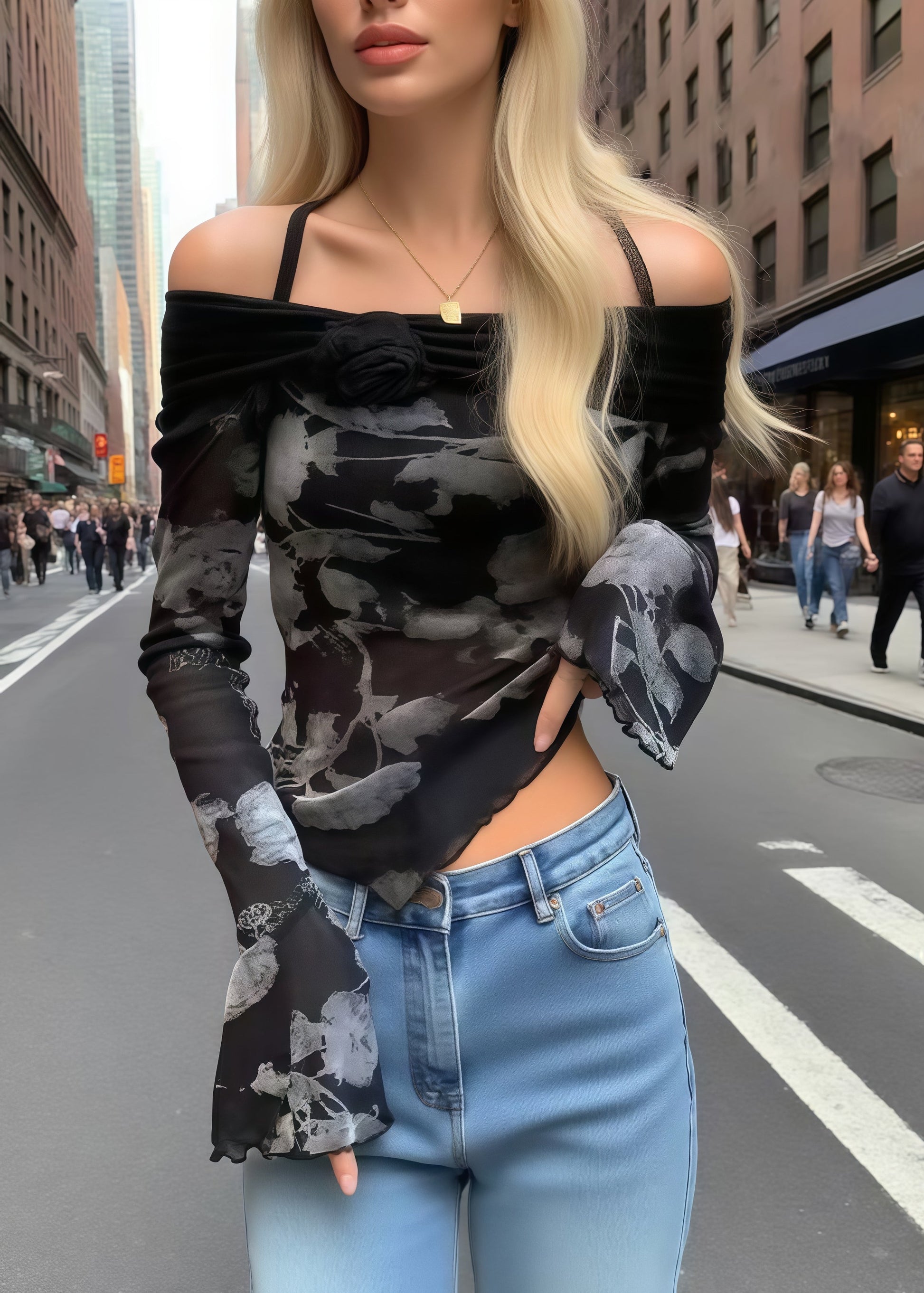 Women Black Print Flower Decorated Cold Shoulder Tops Summer