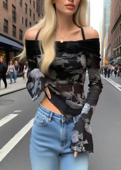 Women Black Print Flower Decorated Cold Shoulder Tops Summer