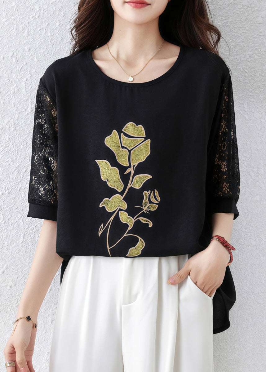 Black Print Lace Hollow Out Cotton T Shirt Half Sleeve