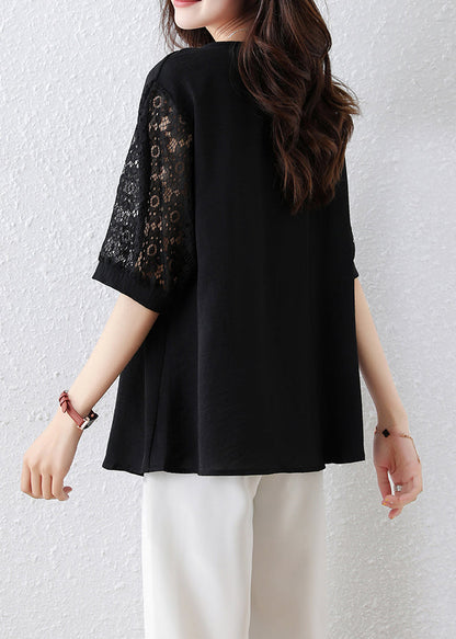 Black Print Lace Hollow Out Cotton T Shirt Half Sleeve