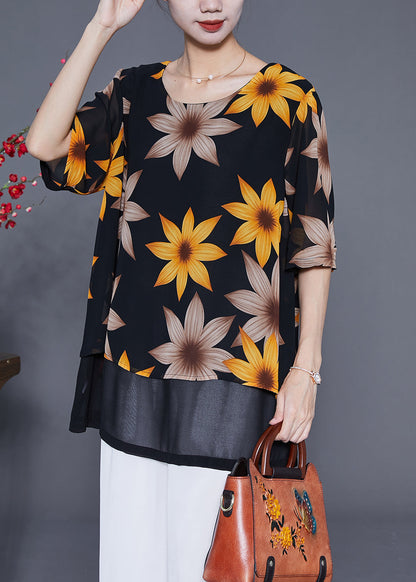 Black Print Patchwork Chiffon Fake Two Piece Shirt Tops Summer