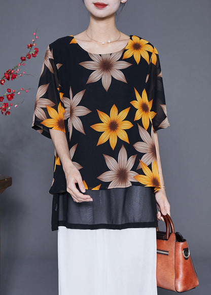 Black Print Patchwork Chiffon Fake Two Piece Shirt Tops Summer