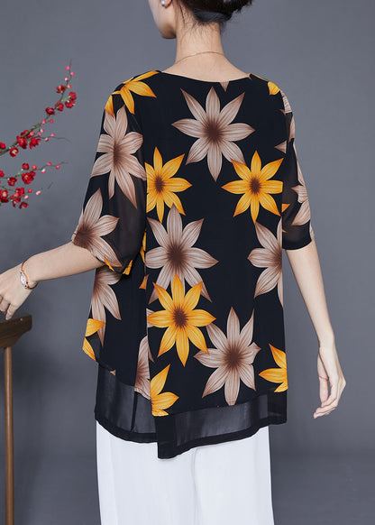 Black Print Patchwork Chiffon Fake Two Piece Shirt Tops Summer
