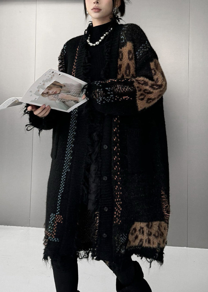 Black Print Patchwork Cotton Knit Cardigan Fall