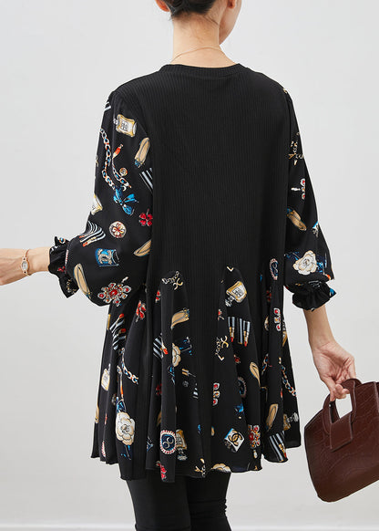 Black Print Patchwork Cotton Mini Dress Fall