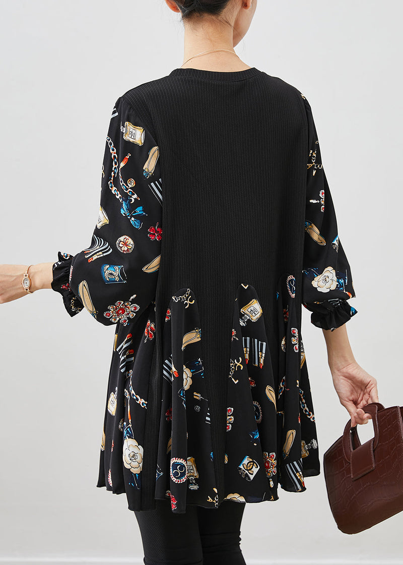 Black Print Patchwork Cotton Mini Dress Fall