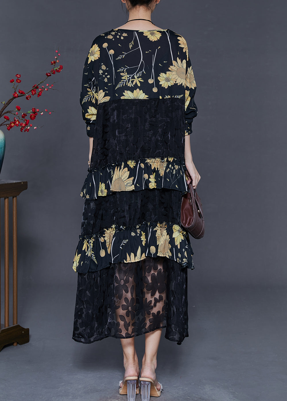 Black Print Patchwork Lace Vacation Dresses Spring