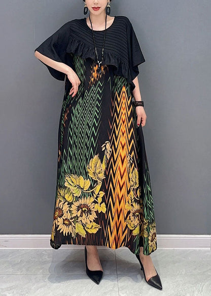 Black Print Patchwork Ruffled Silk Dress Summer