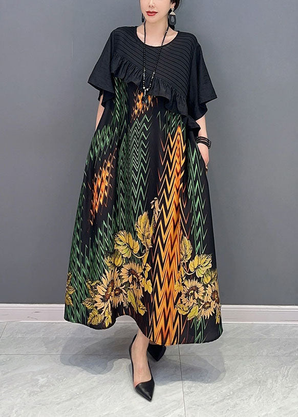 Black Print Patchwork Ruffled Silk Dress Summer