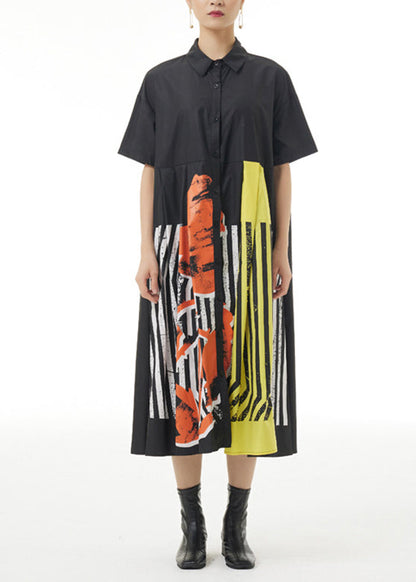 Black Print Patchwork Striped Cotton Maxi Shirt Dress Summer